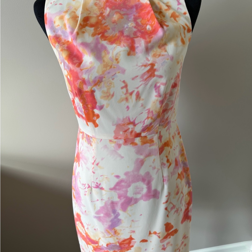 Ann Taylor White Floral Sheath Dress with Pink and Orange Wash